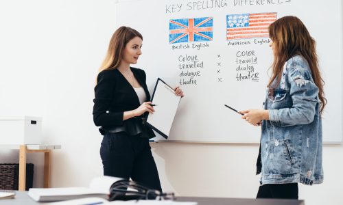 English language school. Lesson, teacher and student talking